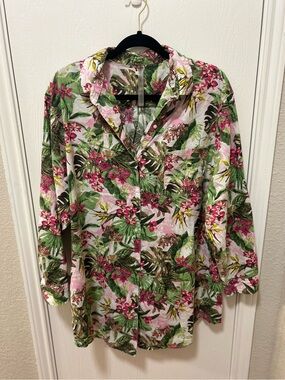 Victoria Secret Tropical Button down Long Sleeve Night Shirt Linen/Cotton Large